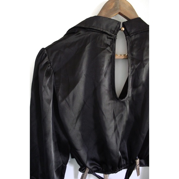 Privy Privately Privileged NWT Black Faux Satin Wrap Cropped Top with Gold Chain - Picture 9 of 10